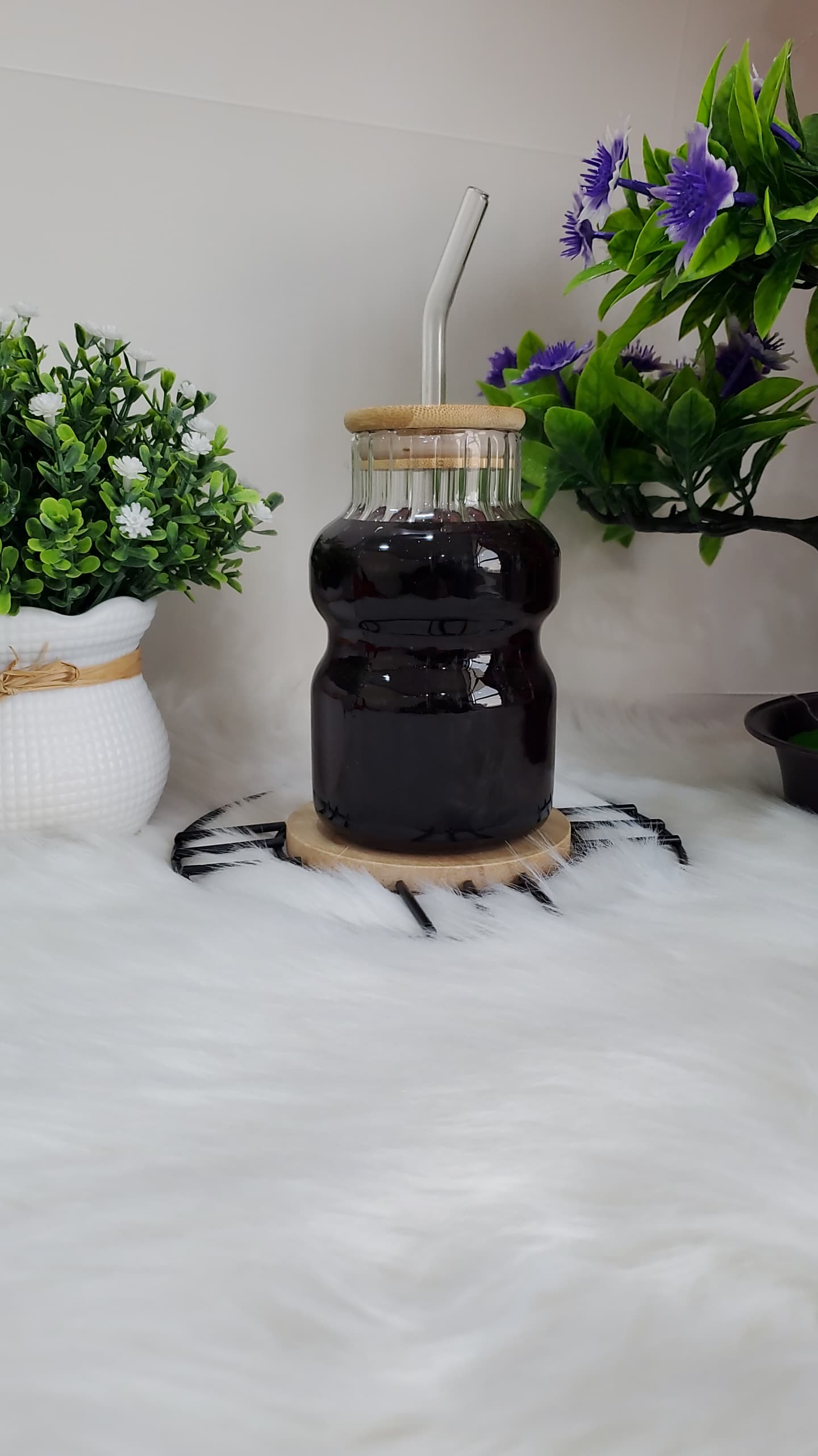 كوب عصير زجاج مخنق مقلم مع غطاء خشب ومصاصة ZA-9691