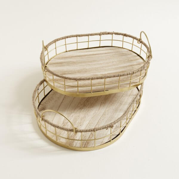 صحن تقديم مستطيل حديد ذهبي قاعدة خشب AZ-1162