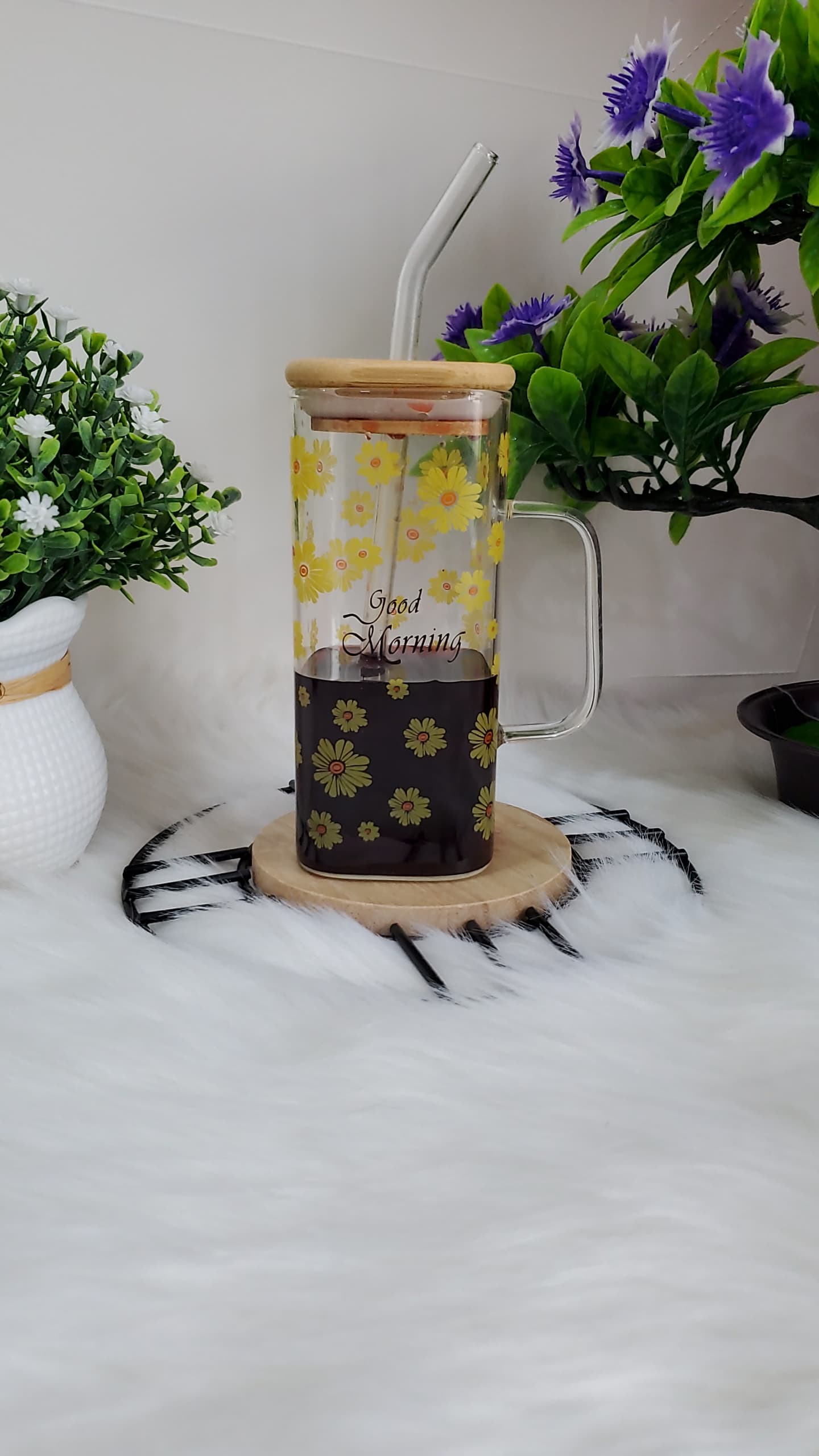 كوب زجاج مع المصاصة غطاء خشبي مشجر AS-3894