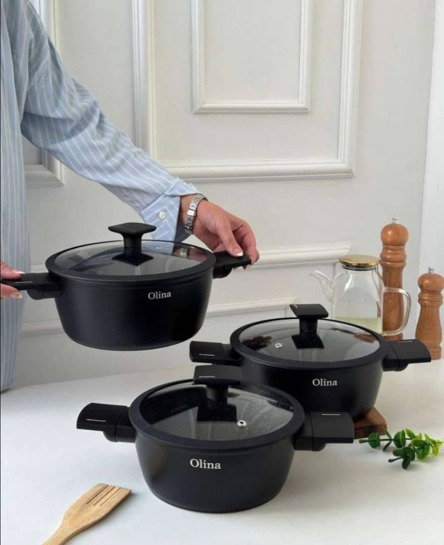 طقم قدور جرانيت اسود بيدين وغطاء زجاج 6 قطع اولينا YMN-190