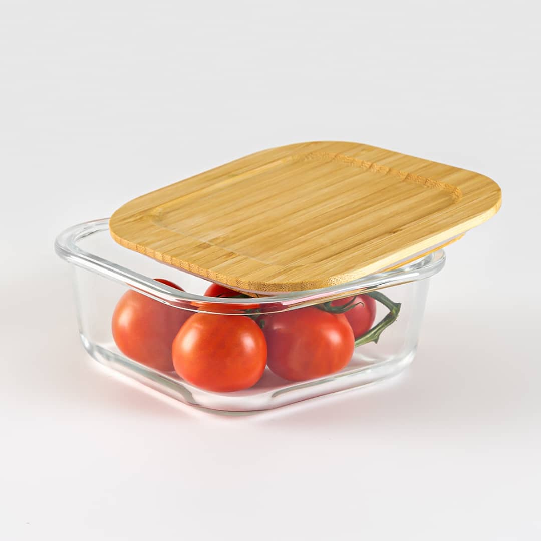 علبة حافظة طعام زجاج مربع بغطاء خشب