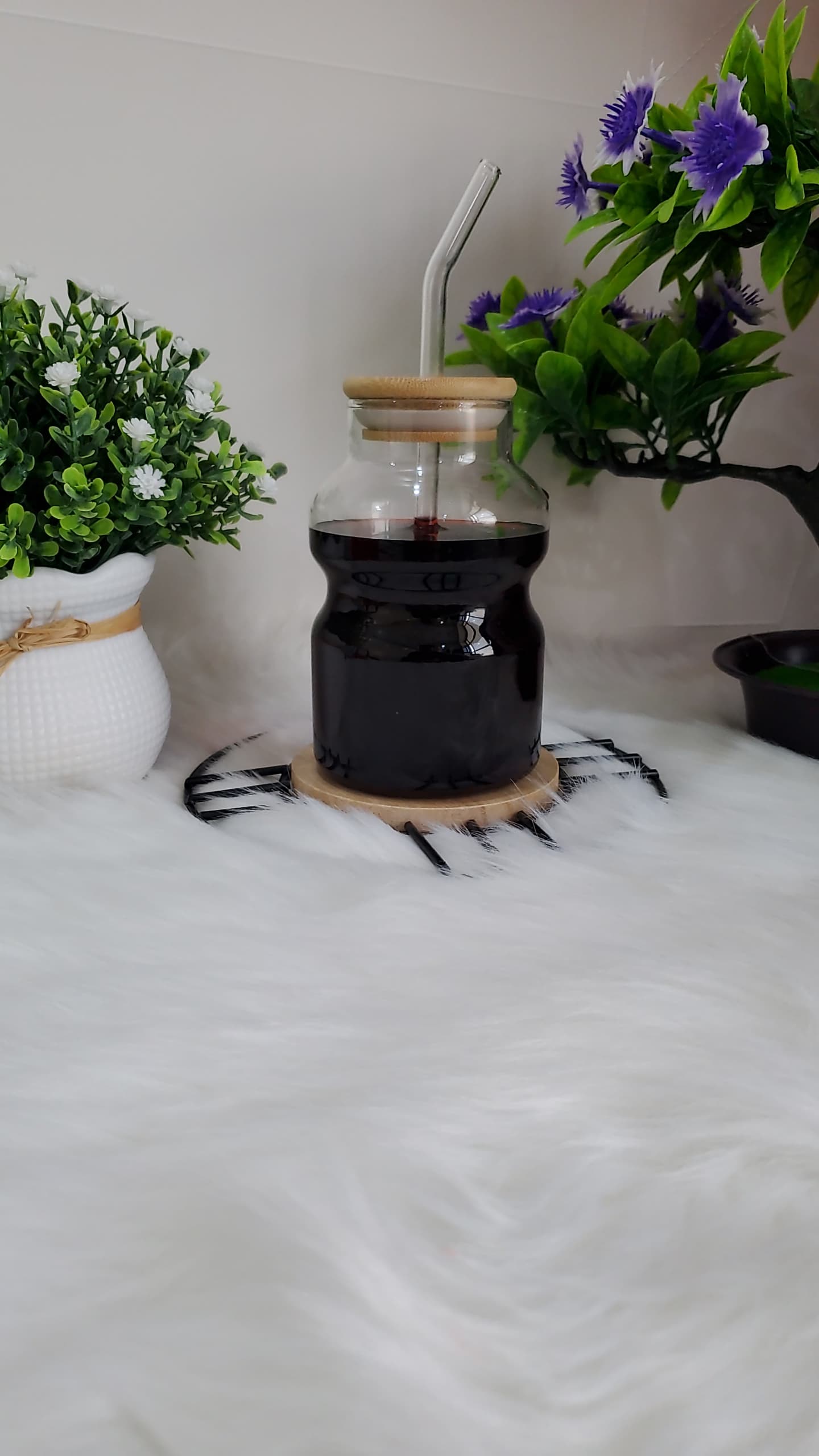 كوب عصير زجاج مخنق صافي مع غطاء خشب ومصاصة ZA-9690