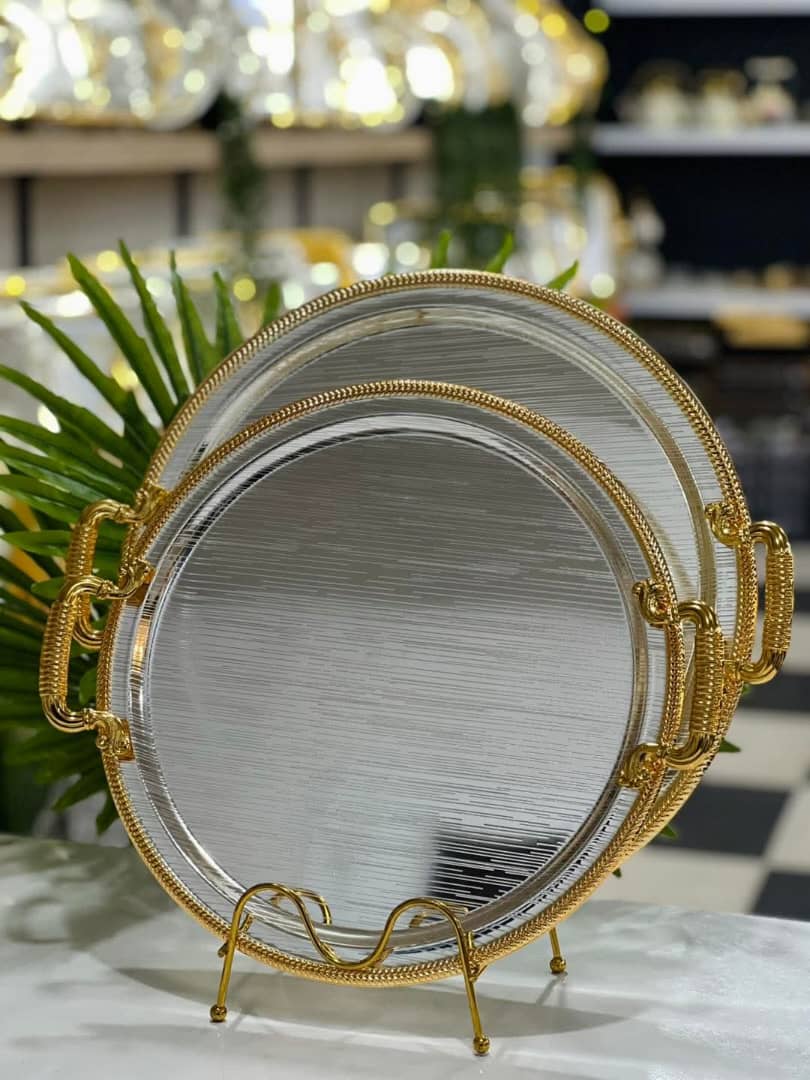 صحن تقديم ستيل فضي حواف ذهبي مدور راقي HK-2938