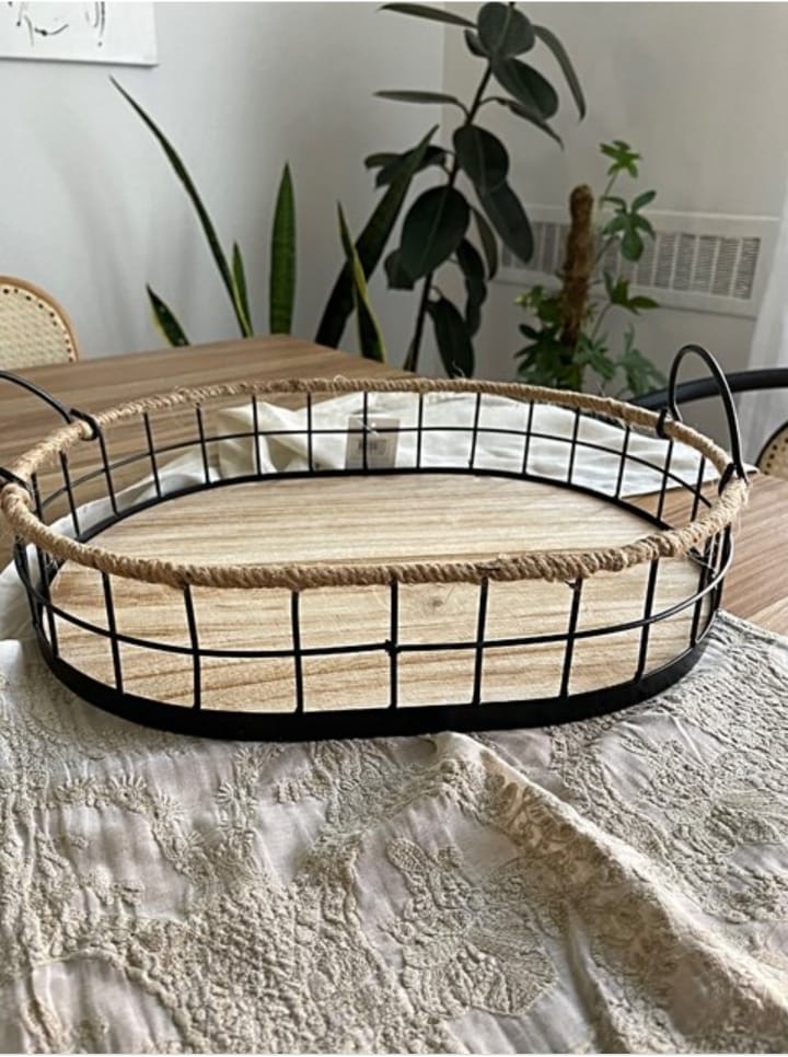 صحن تقديم مستطيل حديد اسود قاعدة خشب AZ-1161