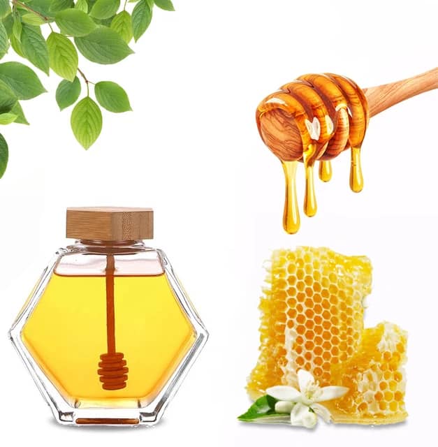 علبة عسل زجاج خلية غطاء وملعقة خشب