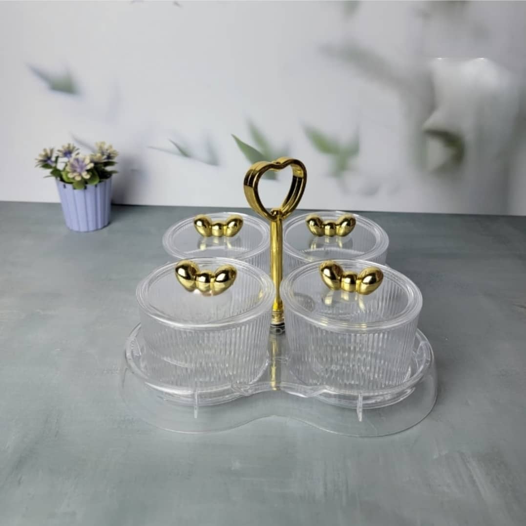 طقم صحن تقديم حلويات بشيال ذهبي مع 4 مطايب مدور مقلم بغطاء ومسكة ذهبي AZH-3937