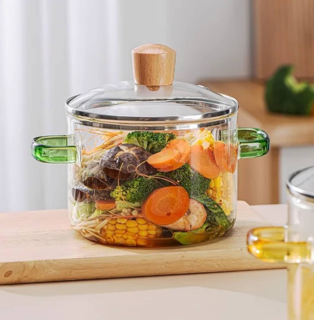 قدر زجاج حراري بيدين و غطاء مسكة خشب