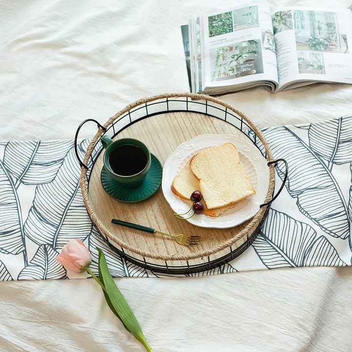 صحن تقديم مدور حديد اسود قاعدة خشب 35سم AZ-1160