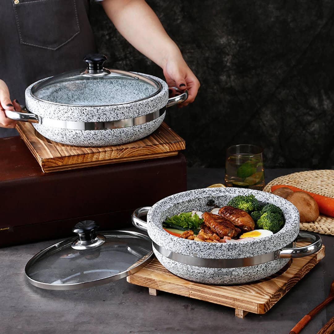 مقلى حجر بغطاء زجاج وقاعدة خشب