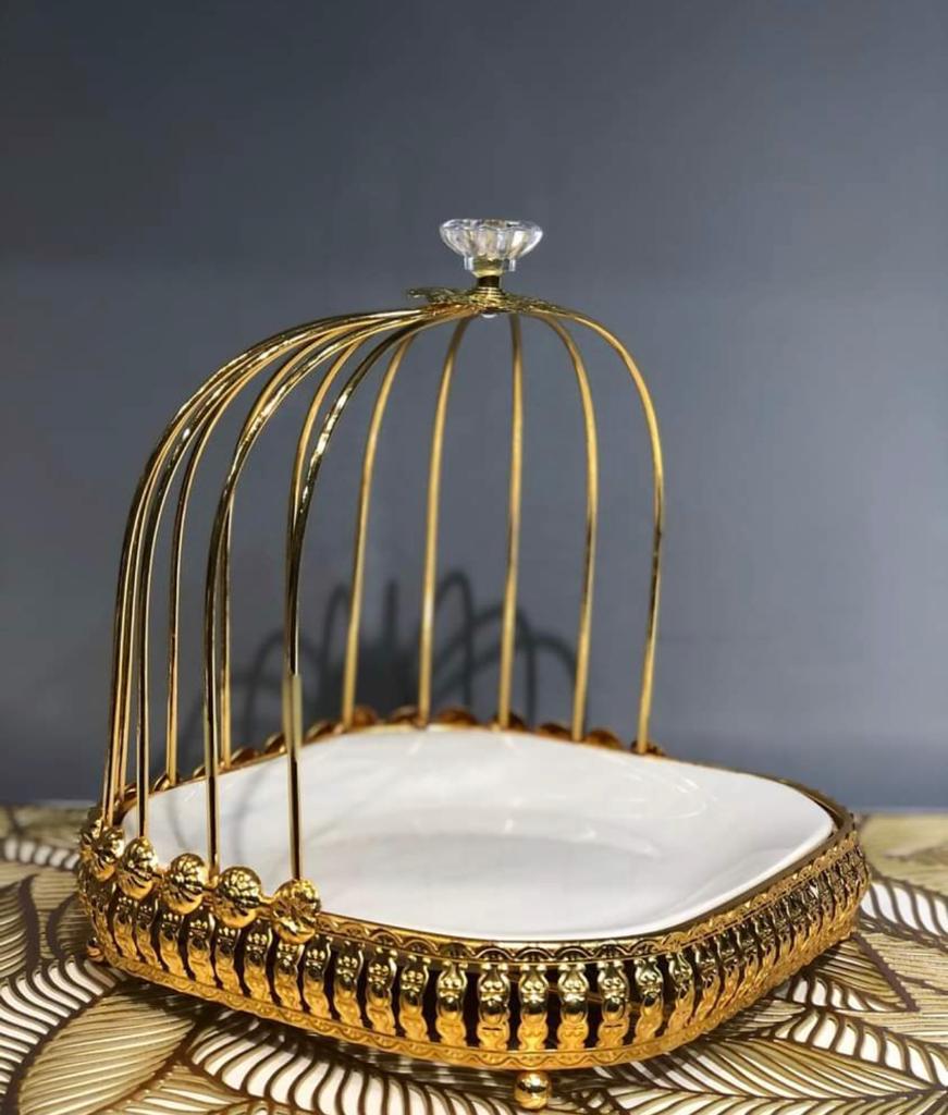 ستاند حلويات سيراميك- شيال ذهبي شكل قفص عصور -صغير  ZA-6111
