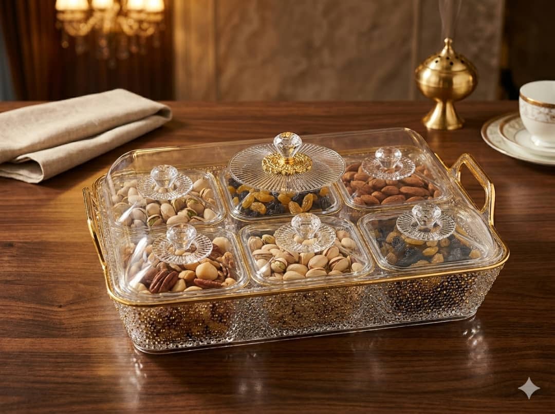 طقم صحن تقديم حلويات اكرليك شفاف منقط ذهبي مع 6مطايب باغطية