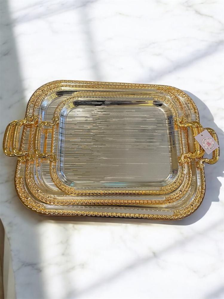 صحن تقديم ستيل فضي حواف ذهبي مستطيل راقي HK-2937