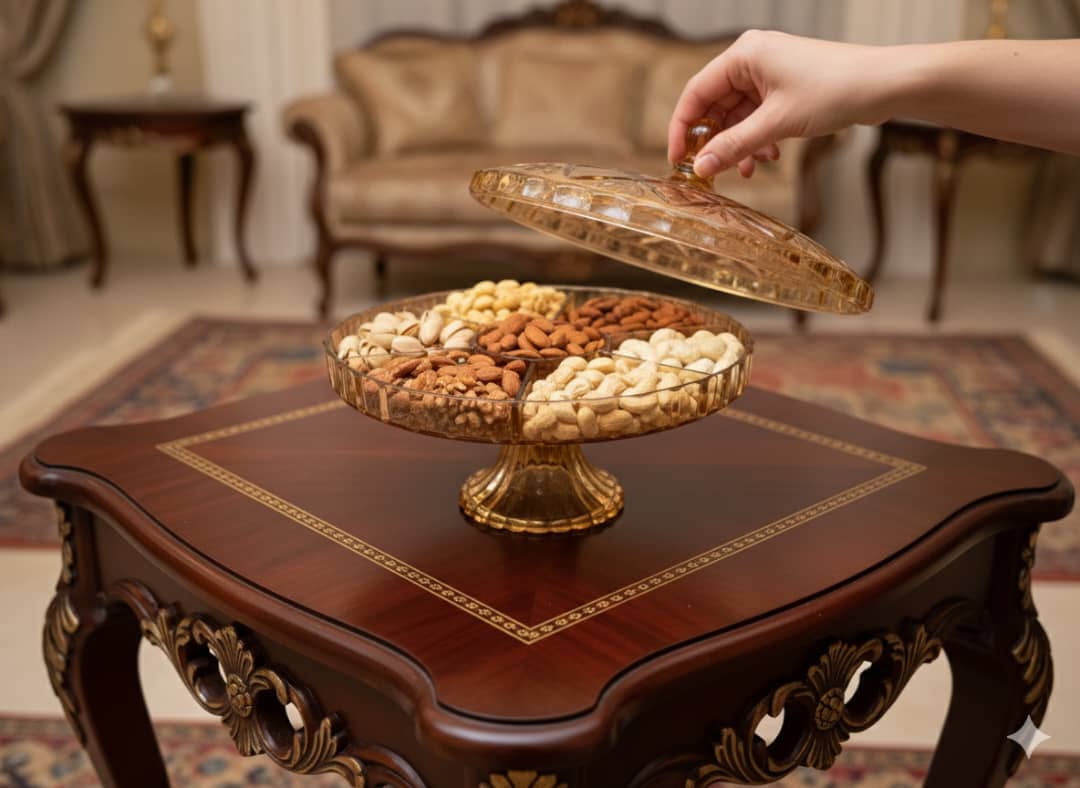 صحن تقديم حلويات اكرليك مدورعسلي 6خانات مع الغطاية- بقاعدة