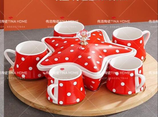 طقم اقلاص شاي سيراميك منقط مع مطيبة شكل نجمة بغطاء ستاند ذهبي 6 قطع  ZA-7380