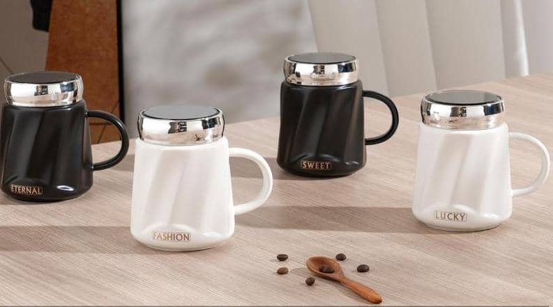 كوب سيراميك مموج مع مسكة وغطاء مراية AZ-2457