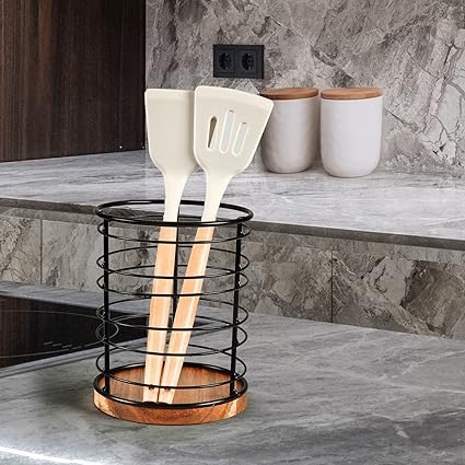 سلة ملاعق حديد اسود قاعدة خشبية AZ-2141