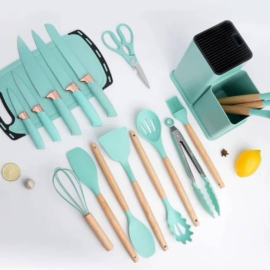 طقم ملاعق طبخ سيليكون بيد خشب مع لوح تقطيع والاستاند 19 قطعة ZA-7964