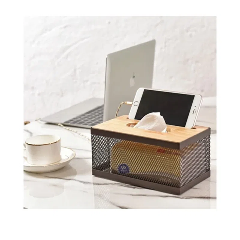 علبة مناديل حديد بني غطاء خشبي مع فتحة تلفون  MZY-201