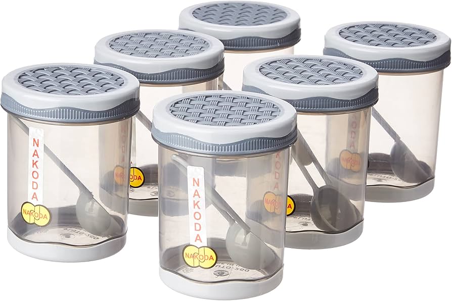طقم علب بهارات مدور 250 مل بلاستيك شفاف ناكودا 6 قطع مع الملاعق NAKODA PLUTO-250