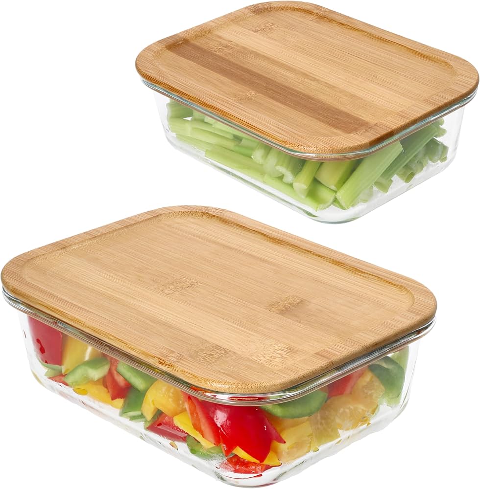 علبة حافظة طعام زجاج مستطيل بغطاء خشب