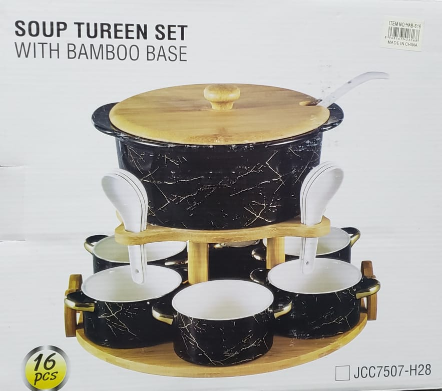 طقم شوربة سيراميك 16 قطعة - قاعدة خشب JCC7507-H28