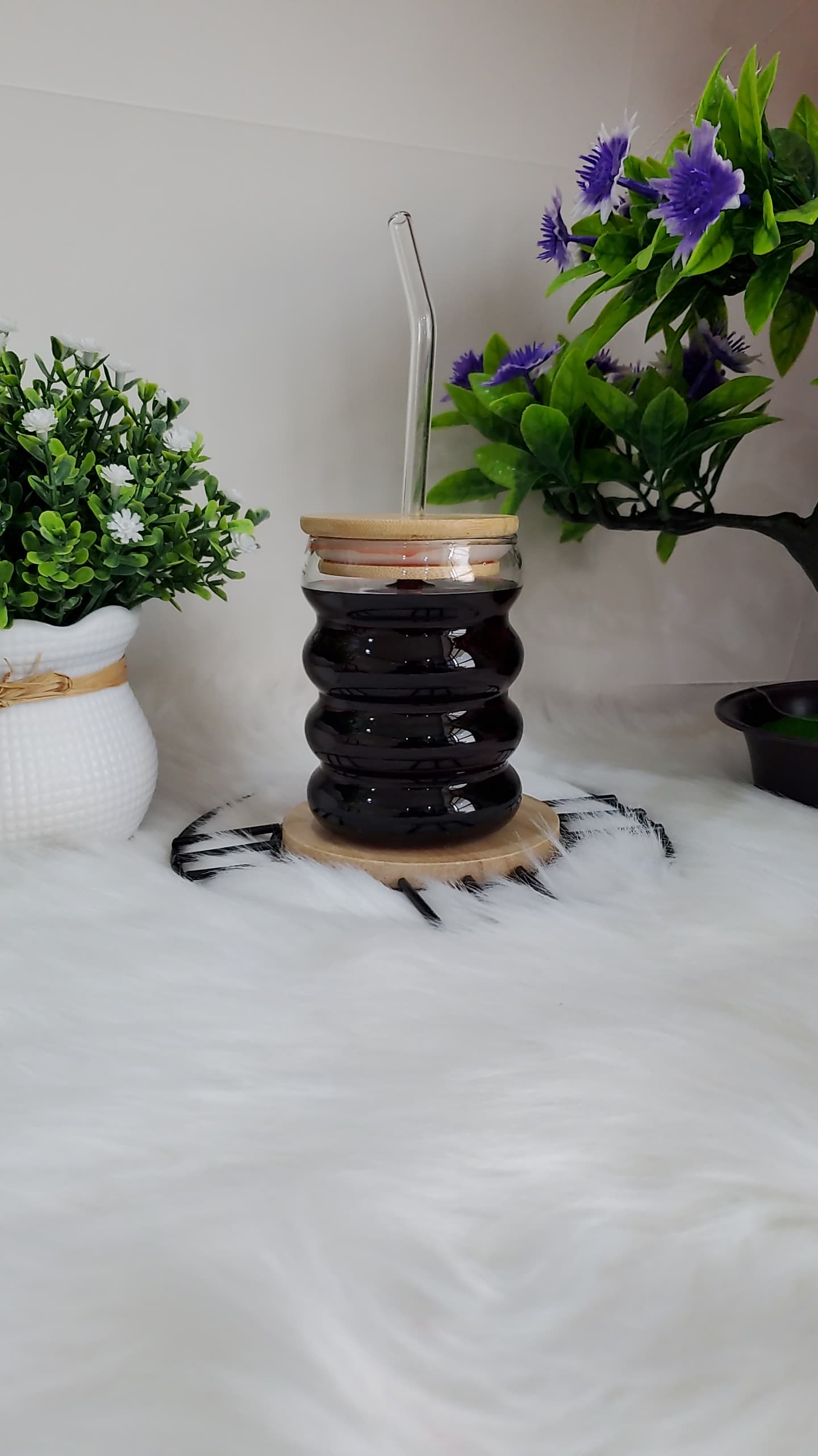 كوب زجاج طبقات مع غطاء خشبي ومصاصة NG-6649