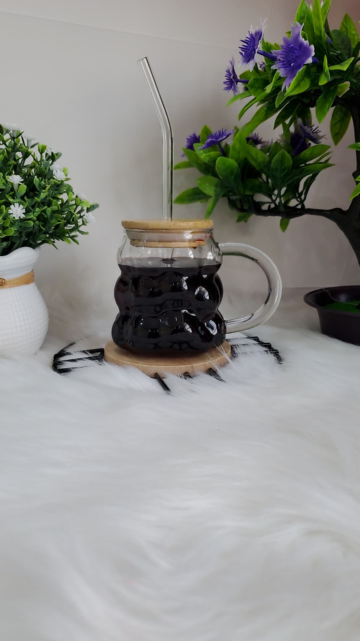 كوب زجاج ببلي بيد غطاء خشبي مع المصاصة NG-6648