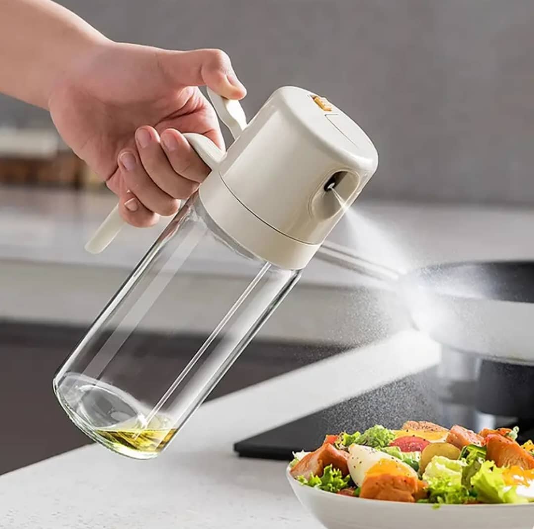 علبة زيت زجاج مع بخاخ وفتحه صغير بغطاء ويد بلاستيك