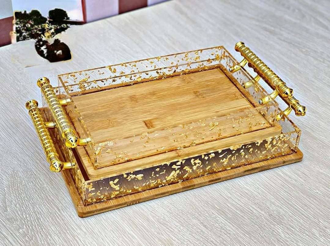 صحن تقديم خشبي مستطيل اطار اكرليك مذهب بيدين ذهبي9653