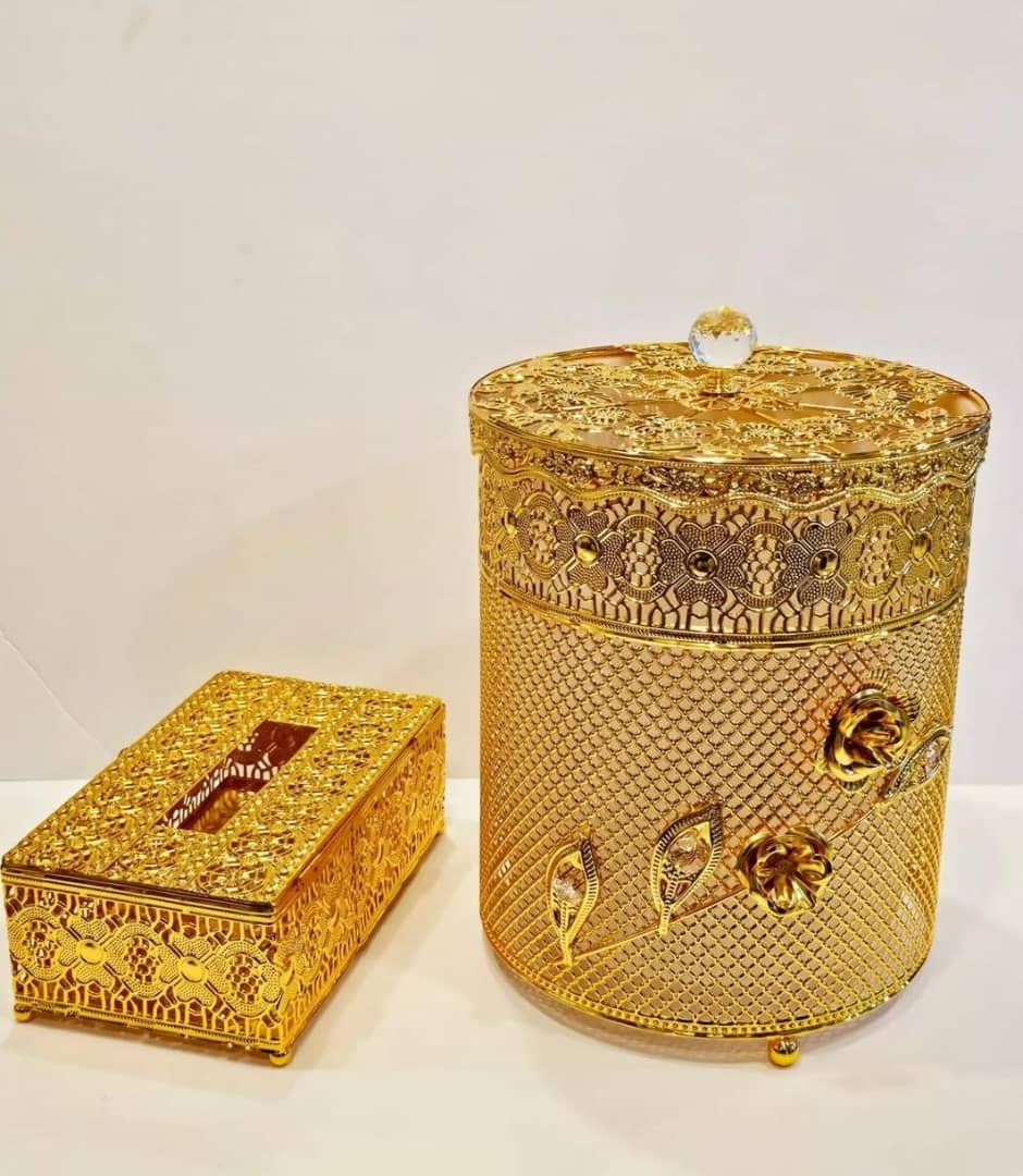 سلة قمامة مع علبة المنديل ذهبي ملكي بغطاء AQ-1430