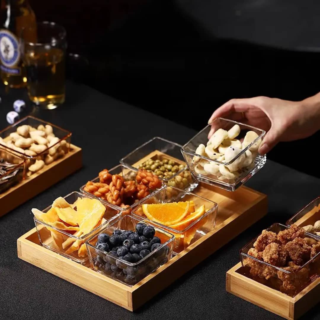 طقم مطايب حلويات زجاج مربع 6 قطع مع صحن خشبي  Gglaia Y-W7098-3.5/L6