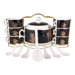 طقم مطايب سيراميك بملاعق ابيض ذهبي رمضاني مع الاستاند 15 قطع AFI-2475 CYDS005